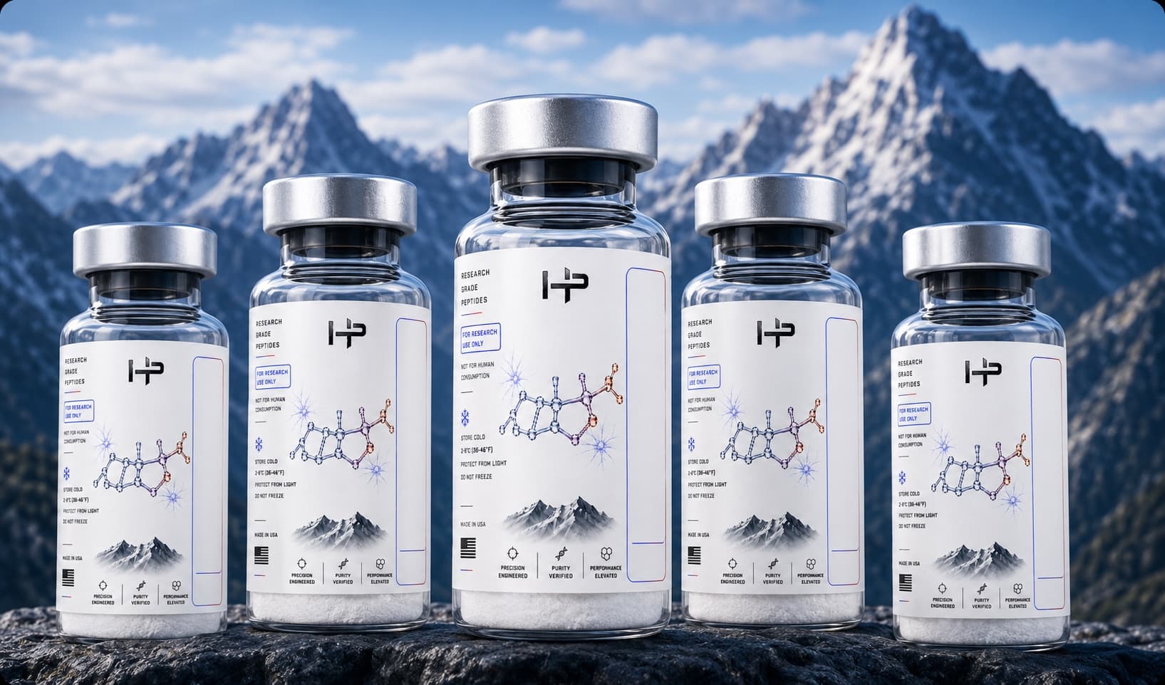 Five High Point Research Compounds peptide vials against a mountain backdrop